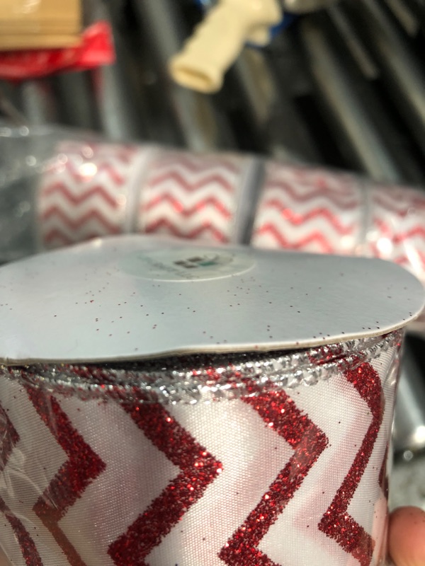 Photo 3 of CT CRAFT LLC Satin Chevron Wired Ribbon with Silver Edge - 50 Yards (2.5 Inch Wide 10Yards 5Rolls) WHITE/RED S 2.5" x 10y x 5R