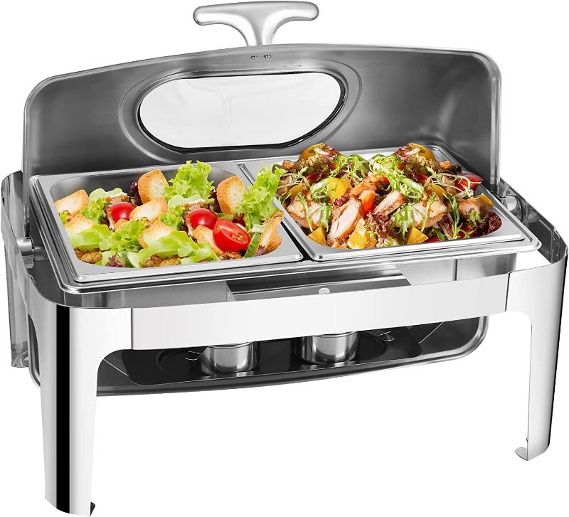 Photo 1 of Fulgutonit Visible Roll Top Chafing Dish Buffet Set, 12QT Stainless Steel Buffet Server and Warmer, Rectangular Chafer for Catering Event Parties Buffet (2 Half-Size 6QT Food Pan)
