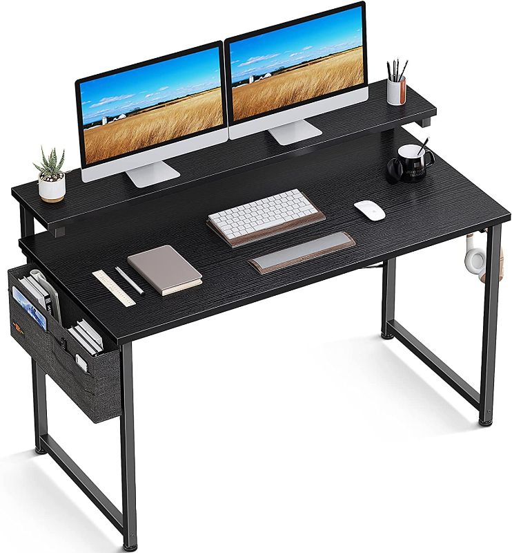 Photo 1 of ODK Computer Desk with Adjustable Monitor Shelves, 48 inch Home Office Desk with Monitor Stand, Writing Desk, Study Workstation with 3 Heights (10cm, 13cm, 16cm), Black
