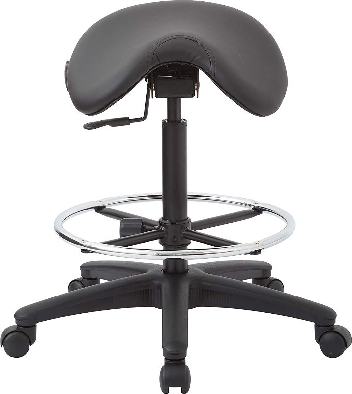 Photo 1 of Office Star Drafting Backless Stool with Saddle Seat, Foot Ring, Adjustable Seat Angle and Pneumatic Height Adjustment, Dillon Black Faux Leather