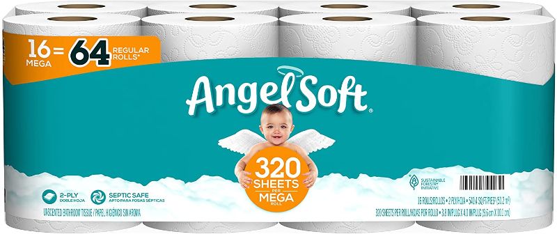 Photo 1 of Angel Soft Toilet Paper, 16 Mega Rolls = 64 Regular Rolls, 2-Ply Bath Tissue
