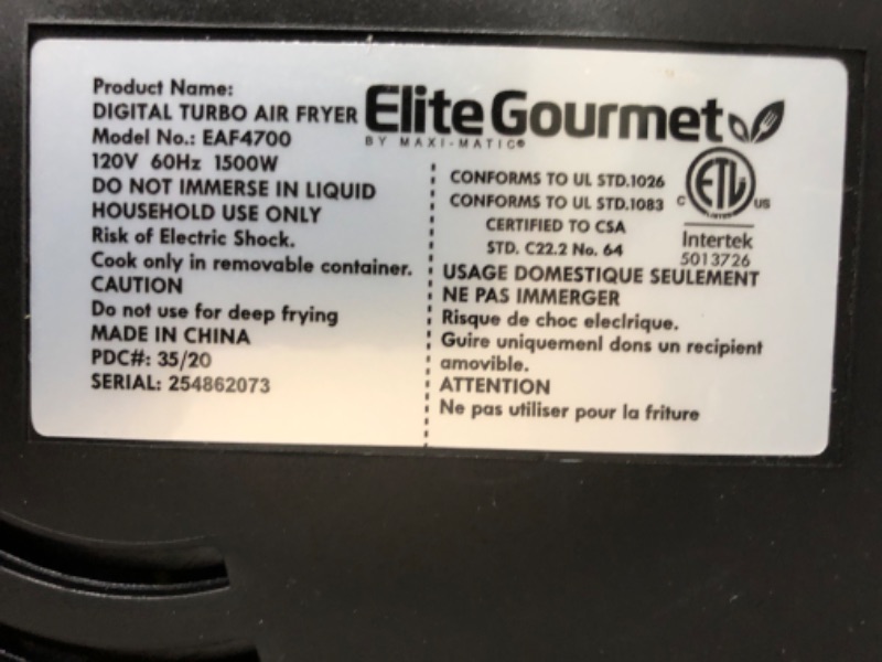 Photo 3 of *DOES NOT TURN ON PARTS ONLY* Elite Gourmet EAF4700 Digital 5Qt Air Fryer, Sears, Bakes, Roasts, Top & Bottom Heating Oil-Less Healthy Cooker, Temp/Timer Settings, PFOA-Free, Includes Recipes 5 Quart Black