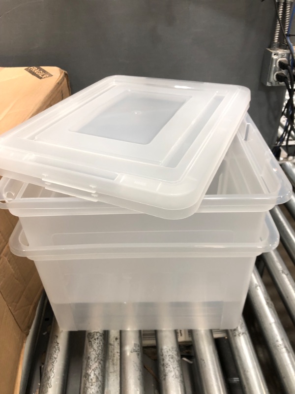 Photo 1 of **** MINOR SHIPPING DAMAGE ***
IRIS USA Letter/Legal File Tote Box, BPA-Free Storage Bin Tote Organizer with Durable and Secure Latching Lid, Stackable and Nestable, 4 Pack, Crystal Clear 4 Pack - Cristal Clear