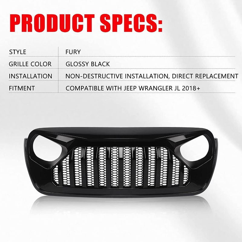 Photo 3 of  Front Grill Glossy Black Grille Grid For Jeep Wrangler JL JLU 2018, 2019, 2020, 2021, 2022 & Jeep Gladiator JT (Glossy Black Fury) ** DIFFERENT FROM STOCK PHOTOS***