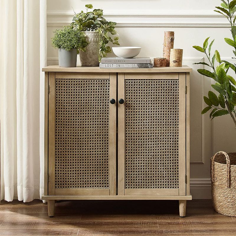 Photo 1 of **SEE NOTES**
Volans Accent Storage Cabinet with Woven Rattan Wicker Doors, Sideboard Buffet Cabinet for Entryway, Hallway or Living Room, Rubber Wood Veneer
