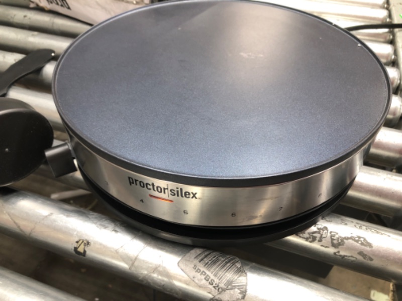 Photo 2 of **TESTED* Proctor Silex Electric Crepe Maker with 13” Nonstick Griddle for Eggs, Pancakes, Omelets and Quesadillas, with Temperature Control, Spatula, Spreader, Batter Cup, Stainless Steel (38400PS)