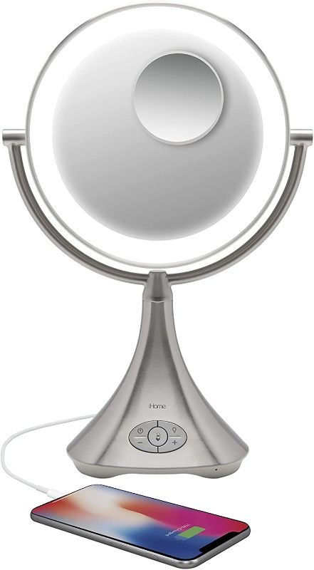 Photo 1 of iHome All-in-One, 7X Magnify with Spot Mirror, 9" LED Bluetooth Audio, Phone Charging Makeup Mirror, Bright LED Light Up Mirror, Natural Light, Double-Sided, Hands-Free Speakerphone ""NO SPOTTED MIRROR. BROKEN STUD PEICE THAT CONNECTS IT, STILL FUNCTIONAL