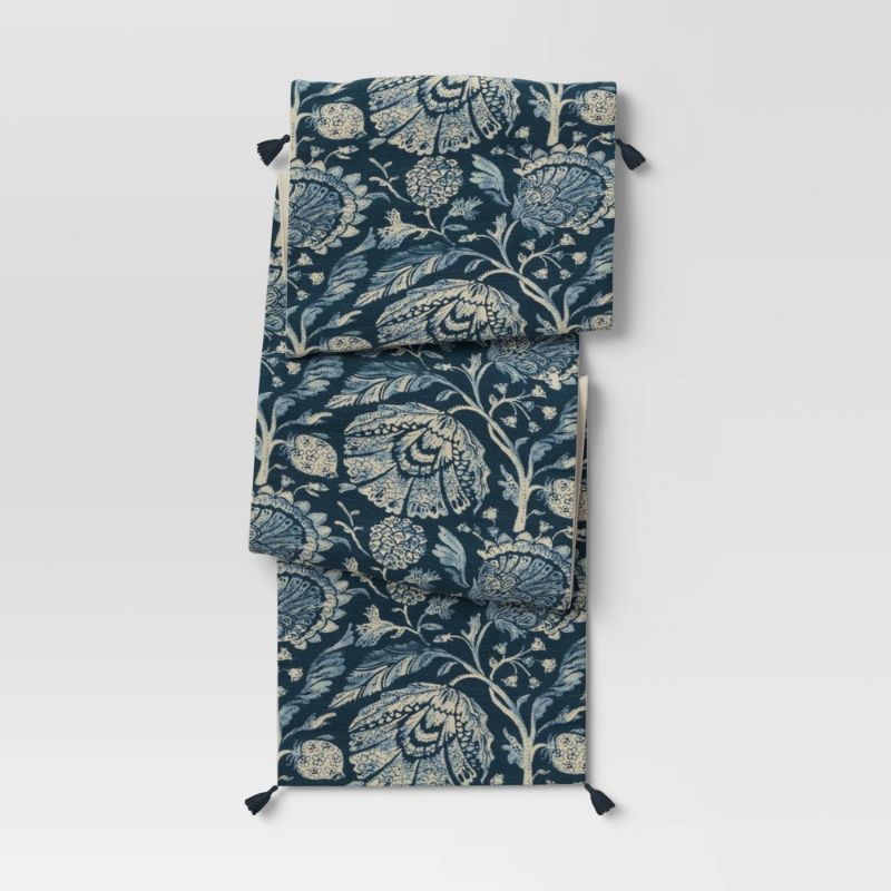 Photo 1 of 108" X 14" Cotton Jacobean Table Runner Blue - Threshold™
