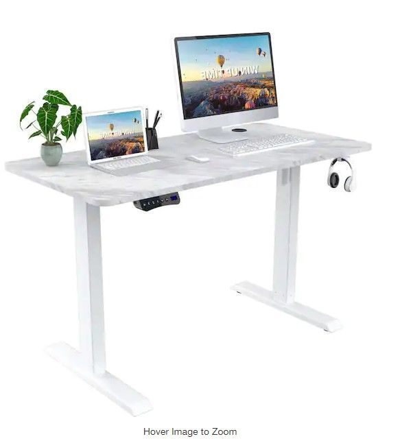 Photo 1 of 47 in. White Electric Power Adjustable Height Standing Desk In Faux Marble
