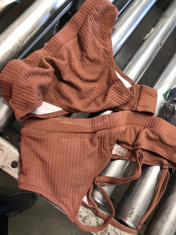 Photo 2 of **USED** Lilosy High Waisted Tummy Control Ribbed Bikini Crop Top Brazilian Swimsuit Set 2 Piece Small Rust Red