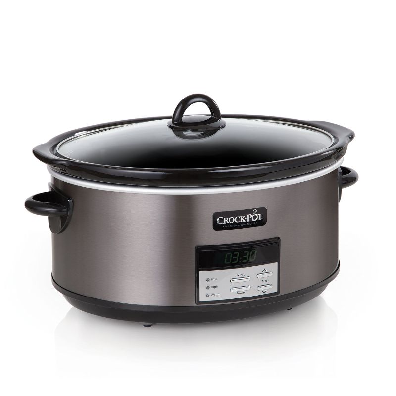 Photo 1 of CROCKPOT 8 QUART SLOW COOKER WITH AUTO WARM SETTING AND COOKBOOK, BLACK STAINLESS STEEL
