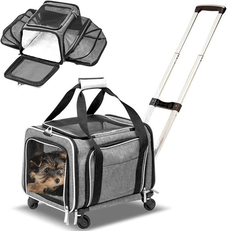 Photo 1 of  Airline Approved Expandable Premium Pet Carrier on Wheels- Two Sided Expandable Rolling Carrier- Designed for Dogs & Cats- Extra Spacious Soft Lined Carrier! (Grey)
