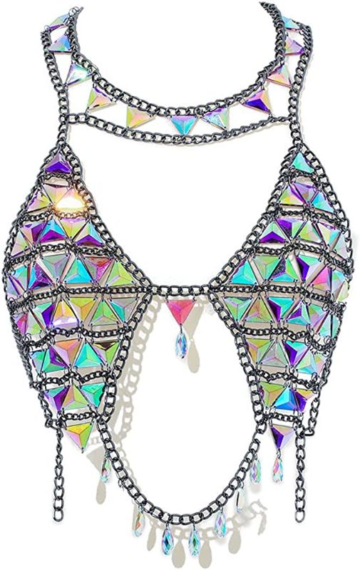 Photo 1 of Aiosy Boho Body Chain Bra Silver Sexy Rhinestone Bikini Bra Body Halter Backless Sequins Chain Bra Beach Body Accessories Jewelry for Women and Girls (Top) SIZE XS
