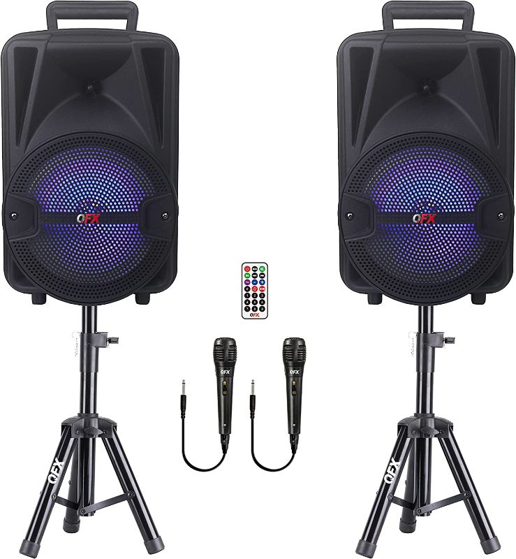 Photo 1 of PBX-800TWS 8-Inch Bluetooth Stereo PA System comes with 2x 8" Speakers and 2x Stands, 2x Microphones, and a Remote Control
