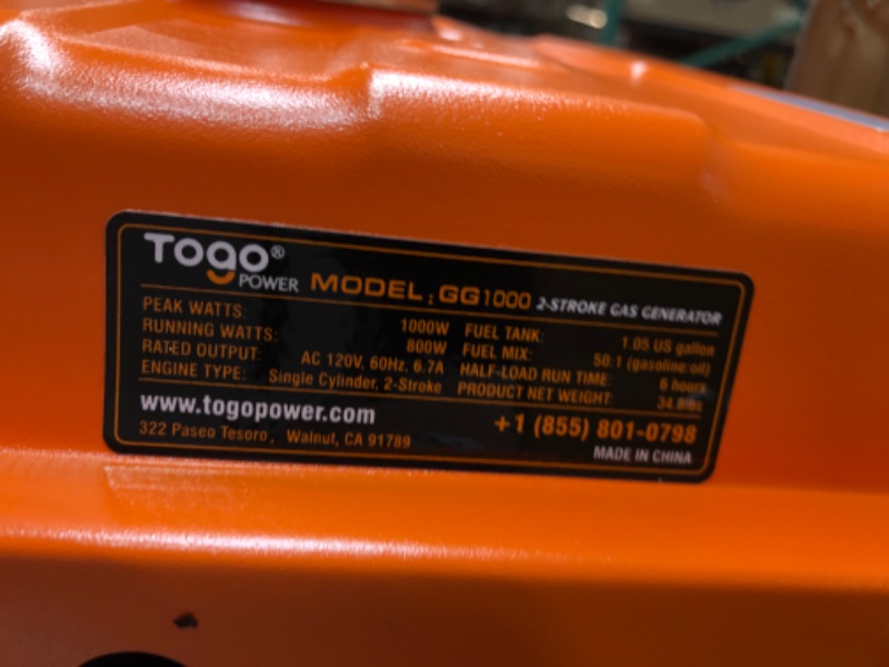 Photo 4 of TogoPower Portable Generator, 1000W Gasoline Powered Generator for Backup Home Use Camping Outdoors, CARB