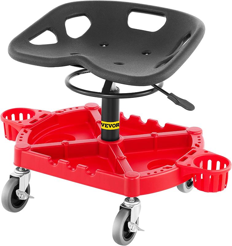 Photo 1 of ***PARTS ONLY*** VEVOR Rolling Garage Stool, 300LBS Capacity, Adjustable Height from 18 in to 23 in, 360-degree Swivel Wheels (4"), Large Tool Tray with Two Bottle Holder, for Workshop, Auto Repair Shop, Red
