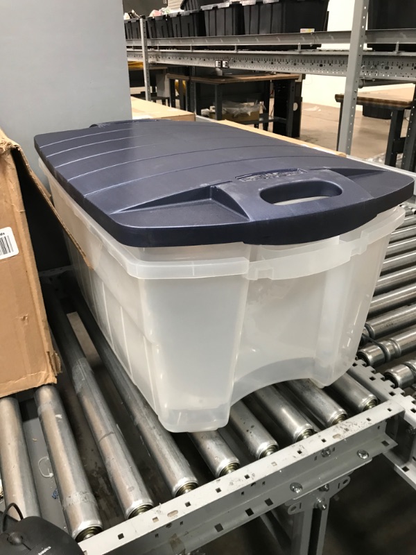 Photo 2 of **MISSING ONE LID**Rubbermaid 28 Gallon Jumbo Clear Tote, Stackable, Large Capacity, Home, Garage, and Office Storage Organizers, Durable Snap-Tight Lids, Clear Bins/Dark Indigo Metallic Lids, Pack of 2