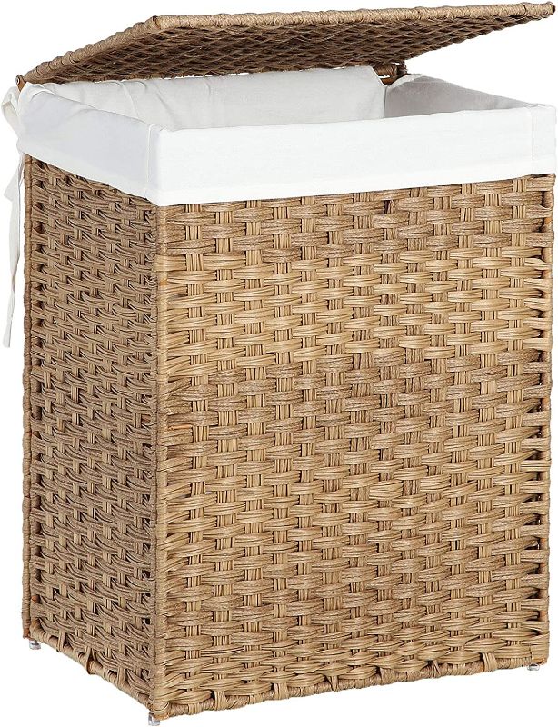 Photo 1 of **MISSING SCREWS**   SONGMICS Handwoven Laundry Hamper, 23.8 Gal (90L) Synthetic Rattan Clothes Laundry Basket with Lid and Handles, Foldable, Removable Liner Bag, Natural ULCB51NL
