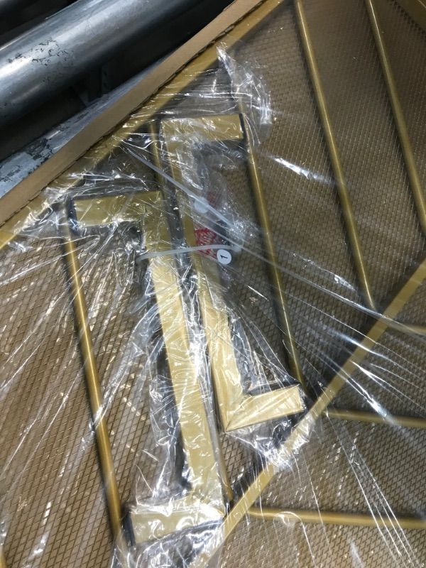 Photo 3 of Mr IRONSTONE 38.5X 31.5 Inch Fireplace Screen, Single Panel Wrought Iron Fireplace Screen Metal Decorative Mesh Fire Spark Guard Living Room Home Decor Fireplace Cover - Gold