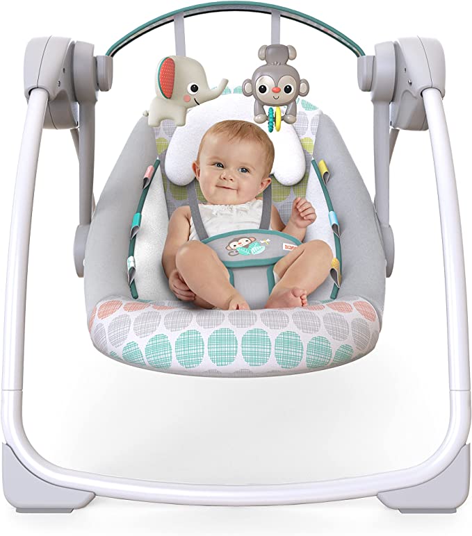 Photo 1 of Bright Starts Portable Automatic 6-Speed Baby Swing with Adaptable Speed, Taggies, Music, Removable Toy Bar, 0-9 Months 6-20 lbs (Whimsical Wild)
