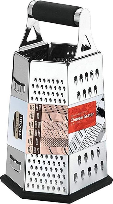 Photo 1 of  Cheese Grater & Shredder - Stainless Steel - 6 Sided Box Grater - Large Grating Surface with 6 Razor Sharp Blades - Non Slippery rubber bottom - Perfect to Slice, Grate, Shred & Zest Fruits, Vegetables, Cheeses & Many more! (Black)
