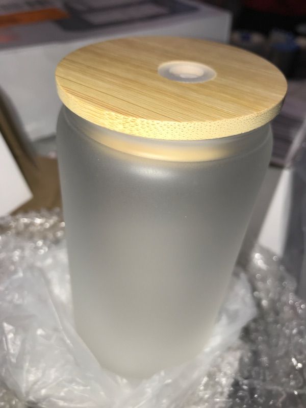 Photo 2 of 14 oz Sublimation frosted soda glass jar w/ bamboo lid
