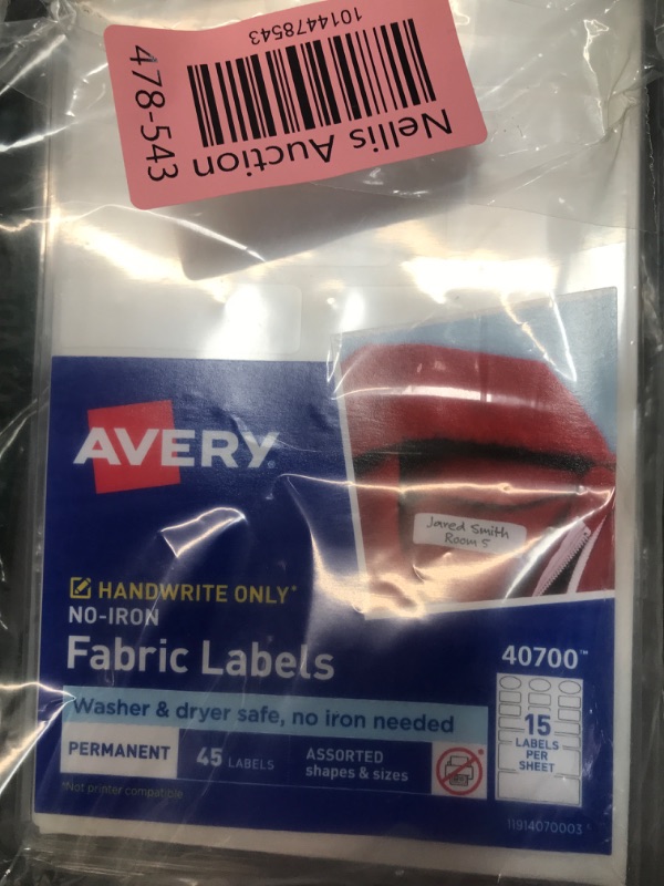 Photo 2 of Avery No-Iron Kids Clothing Labels, Washer & Dryer Safe, Writable Fabric Labels, 45 Daycare Labels, 1 Pack (40700), White