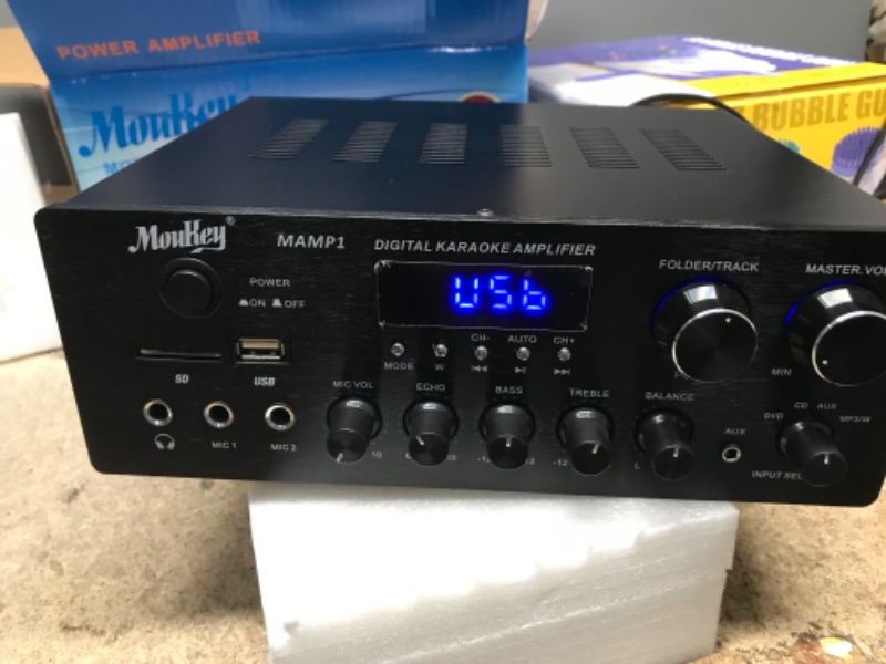 Photo 4 of Moukey Home Audio Amplifier Stereo Receivers with Bluetooth 5.0, 220W 2 Channel Power Amplifier Stereo System, w/USB, SD, AUX, MIC in w/Echo, LED for Home Theater Speakers via RCA, Studio Use - MAMP1