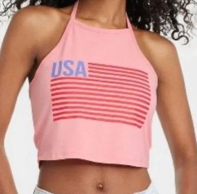 Photo 1 of Isaac Morris Women's Size XXL bUSA Flag Graphic Halter Cropped Top Coral Pink
