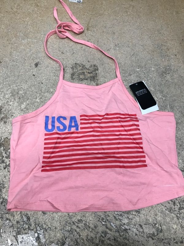 Photo 2 of Isaac Morris Women's Size XXL bUSA Flag Graphic Halter Cropped Top Coral Pink
