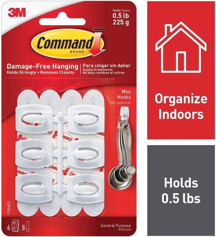 Photo 1 of Command 0.5 lb Capacity Mini Hooks, Indoor Use, 6 hooks, 8 strips, White