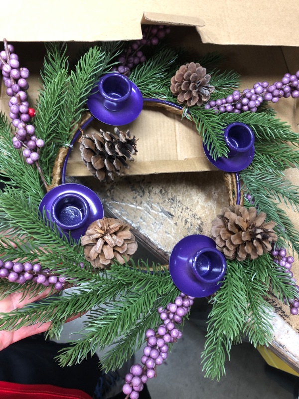 Photo 2 of **NEW**  [Safety Fire Retardant] Christmas Purple Advent Wreath Decoration, Realistic Spruce Christmas Centerpiece with 4 Candle Holder Pinecone 6 Berry Advent Decor for Table Holiday Home Church (No Candles)