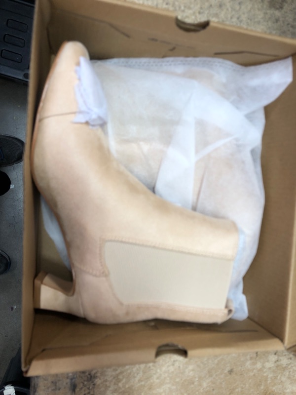 Photo 1 of **NEW**  Coutgo Womens Chelsea Square Toe Buckle Ankle Boots Low Chunky Heel Booties Slip On Shoes Size- 5 Beige