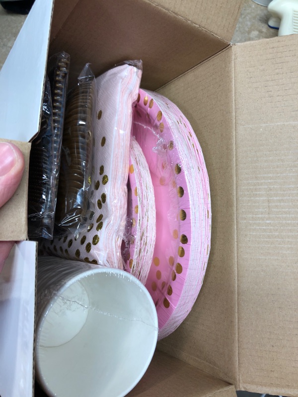 Photo 1 of **NEW/ACTUALLY PINK**  White and Gold Patterned Paper Plates - 175 Piece Disposable Cutlery Set Including Dessert Plates, Dinner Plates, Napkins, Cups, Cutlery, Forks, Spoons - Fits 25 People, Perfect for Birthday Parties. birthday theme