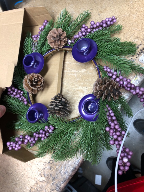 Photo 2 of **NEW**  [Safety Fire Retardant] Christmas Purple Advent Wreath Decoration, Realistic Spruce Christmas Centerpiece with 4 Candle Holder Pinecone 6 Berry Advent Decor for Table Holiday Home Church (No Candles)