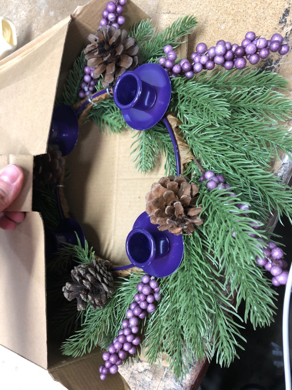 Photo 2 of [Safety Fire Retardant] Christmas Purple Advent Wreath Decoration, Realistic Spruce Christmas Centerpiece with 4 Candle Holder Pinecone 6 Berry Advent Decor for Table Holiday Home Church (No Candles)