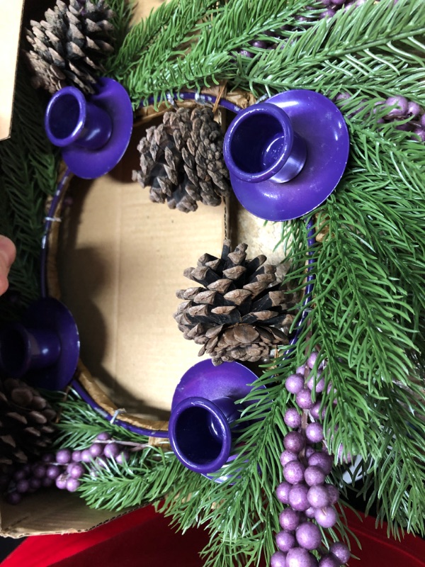 Photo 2 of **NEW**  [Safety Fire Retardant] Christmas Purple Advent Wreath Decoration, Realistic Spruce Christmas Centerpiece with 4 Candle Holder Pinecone 6 Berry Advent Decor for Table Holiday Home Church (No Candles)
