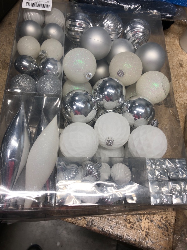 Photo 2 of **NEW**  100PCS Assorted Christmas Balls Tree Ornament Set,Shatterproof Assorted Hanging Decorations in a Gift Package,Glitter Acorn,Ball,Gift Box Pendants,Tree Top for Xmas Tree Holiday Party(Silver/White) 100pcs-silver/White