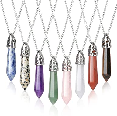 Photo 1 of 5 Pack Bundle - 8PCS Bullet Shape Gemstone Pendant Hexagonal Crystal Pointed Quartz Healing Crystal Necklace with Storage Bag for Women Girls Friends
