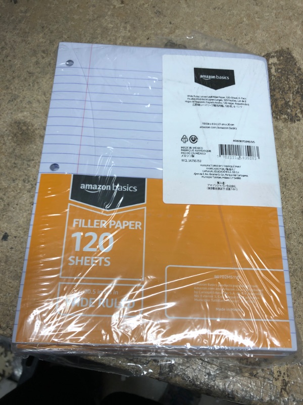 Photo 1 of **NEW**  Amazon Basics Wide Ruled Loose Leaf Filler Paper, 120 Sheets, 10.5 x 8 Inch, 6-Pack 120-Sheet Filler Paper 6-Pack