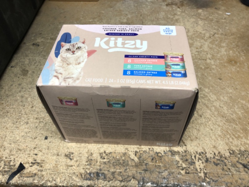 Photo 2 of **FACTORY SEALED**  Amazon Brand – Kitzy Wet Cat Food, Variety Pack, Poultry & Seafood cuts in Gravy, Grain Free, 3oz (24 pack) Variety Pack (Poultry & Seafood) Best By: 01/2025