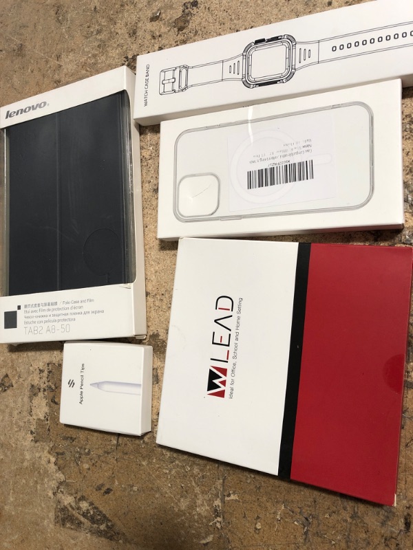 Photo 1 of bundle of 6 electronics iphone 12 case, apple pencil, apple watch wristband, tablet case, and usb wire 