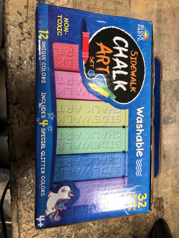 Photo 1 of Block Party Sidewalk Chalk 32-Piece Art Set - BIG BOLD Colors Includes 4 Glitter Chalk That Sparkle, Square Non-Roll Kids Chalk, Washable