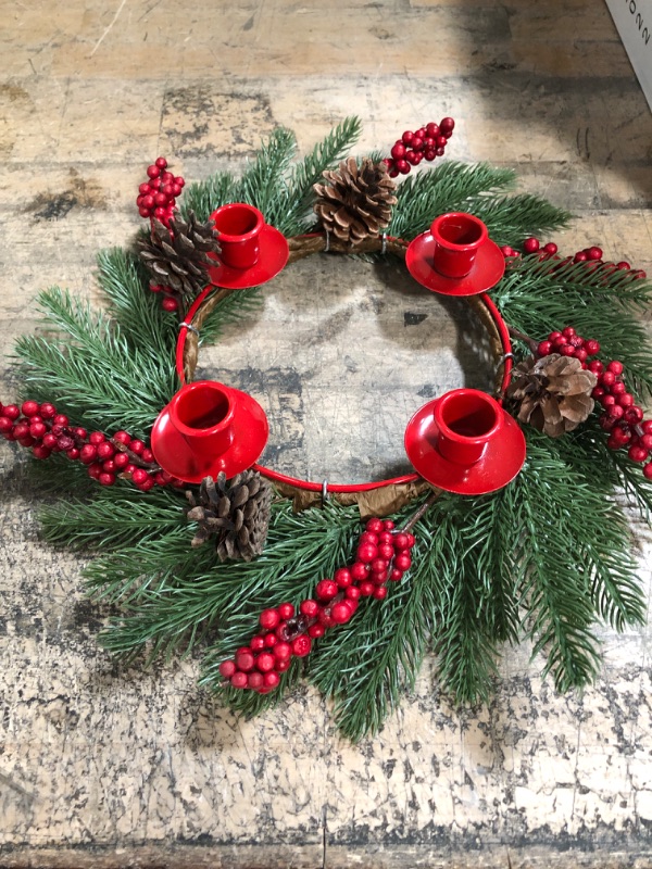 Photo 2 of [Safety Fire Retardant] Christmas Red Advent Wreath Decoration, Realistic Spruce Christmas Centerpiece with 4 Candle Holder Pinecone 6 Berry Advent Decor for Table Holiday Home Church (No Candles)