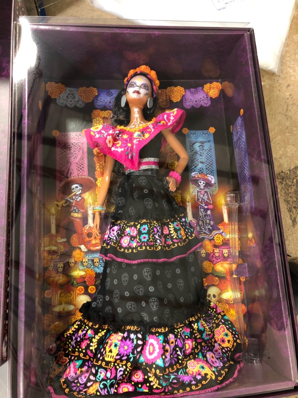 Photo 2 of Barbie 2021 Dia De Muertos Doll (11.5-in) Wearing Traditional Embroidered Dress, Flower Crown & Calavera Face Paint, Gift for Collectors