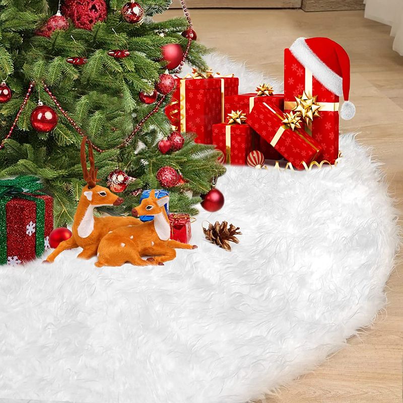 Photo 1 of  Snowy White Christmas Tree Skirt Faux Fur Christmas Tree Rug Holiday Party Decorations