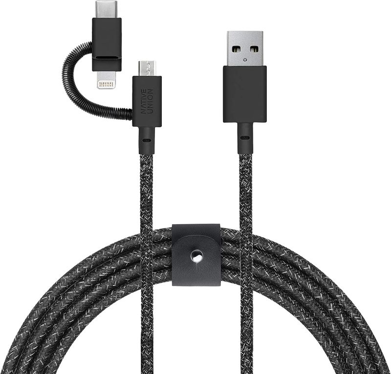 Photo 1 of Native Union Belt Cable Universal - 6.5ft Ultra-Strong Reinforced [MFi Certified] Durable Charging Cable with 3-in-1 Adaptor for Lightning, USB-C and Micro-USB Devices (Black)