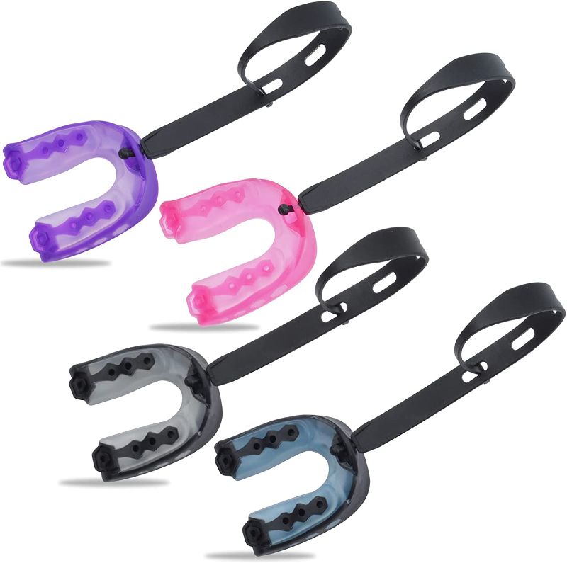 Photo 1 of 4 Pack Football Mouth Guard, Soft Sports Mouth Guard for Boxing, Lacrosse, Hockey, MMA, Basketball, Breathable Mouthguard with Strap, Mouth Piece Custom Fit for Youth Teeth and Oral Protection Blue+black+purple+pink