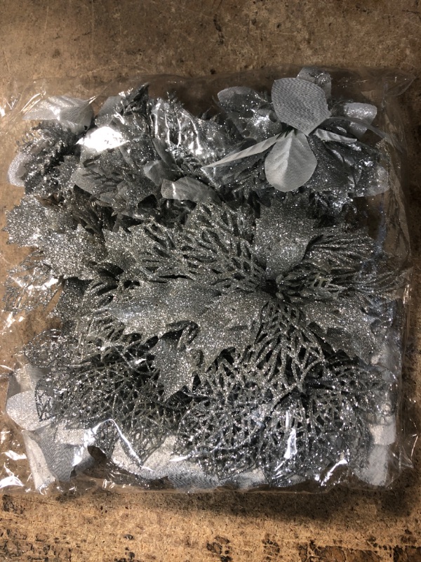 Photo 2 of 24Pcs Silver Glitter Christmas Poinsettia Artificial Flowers with 24Pcs Clips 4 Design Glitter for Xmas Tree Ornament Wedding Birthday Wreath Decoration