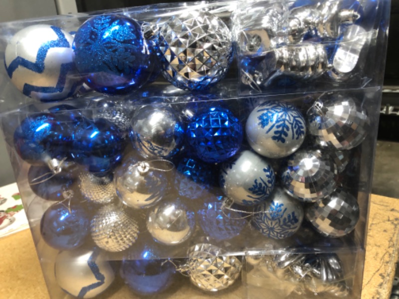 Photo 2 of 116Pcs Assorted Christmas Ornaments Set, Christmas Ornaments Balls, Shatterproof Christmas Balls Hanging for Christmas Tree with Portable Gift Box Packaging (Silver & Blue)